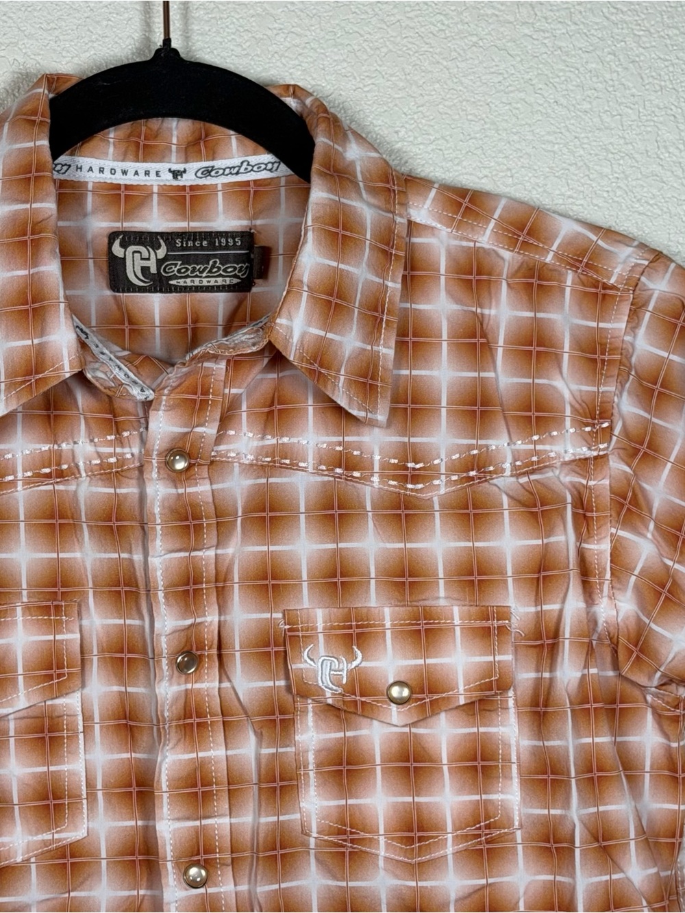 Boys XL Gradient Cube Orange Western Short Sleeve Pearl Snap Summer Outdoor